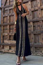 Irina Timeless Meret Gold Geometric Print Backless Halter Neck Stretch Maxi Dress Boutique Collection