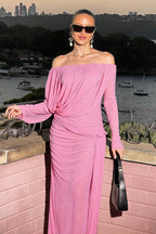 Solid Mesh Sheer Off Shoulder Ruched Elegant Maxi Dress