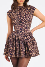 Leopard Pleated Backless Round Neck Mini Dress