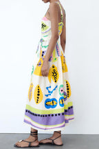 Button-breasted belted wide strap maxi dress