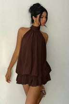 Sexy Backless Halter Tie Waist Slim Fit Ruffled Mini Dress
