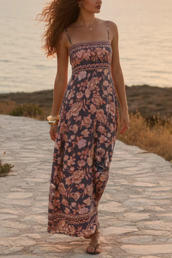 Floral Print Sleeveless Square Neck Backless Casual Vacation Maxi Dress