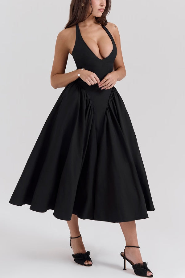 Lilly Timeless Solid a Line Halter Midi Dresses with Deep V Neck Boutique Dress Collection