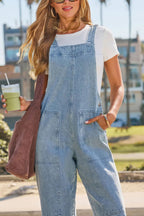 Stylish Loose Pockets Side Buttons Wide-leg Denim Jumpsuit