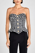 Maya Check Bouclé-tweed Fabric Sweetheart Neck Gold Button Strapless Tank