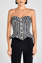 Maya Check Bouclé-tweed Fabric Sweetheart Neck Gold Button Strapless Tank