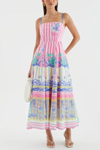 Unique Print Spaghetti Strap Square Neck Fitted Waist Elegant Maxi Dress