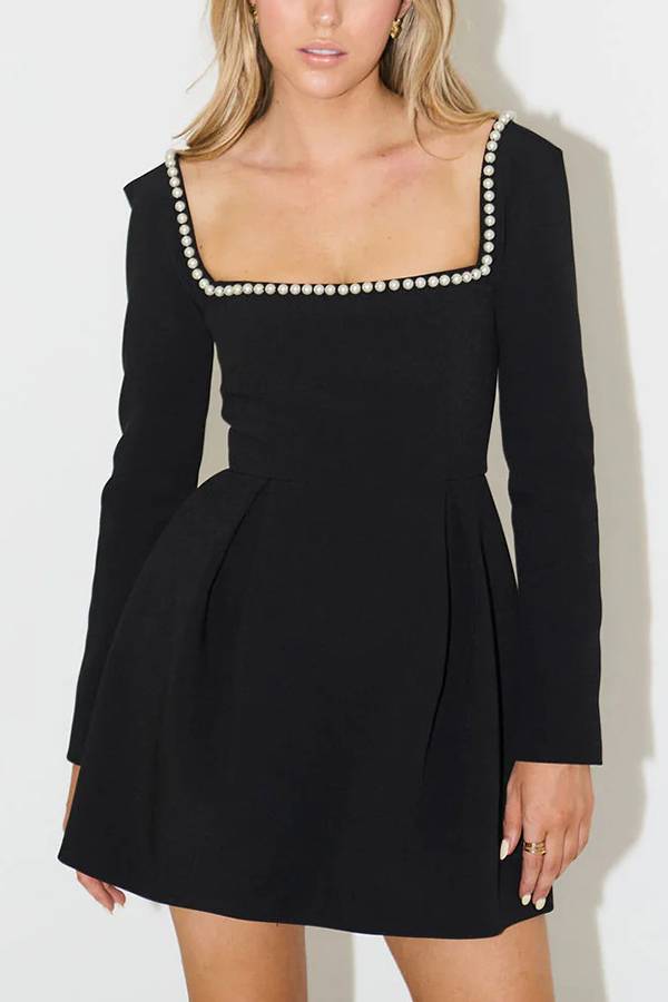 Lena Chic Beaded Long Sleeve Mini Dress with Square Neckline Elevated Occasion Wear