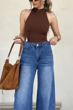 Stylish High-waisted Pocket Casual Frayed Straight Leg Jeans