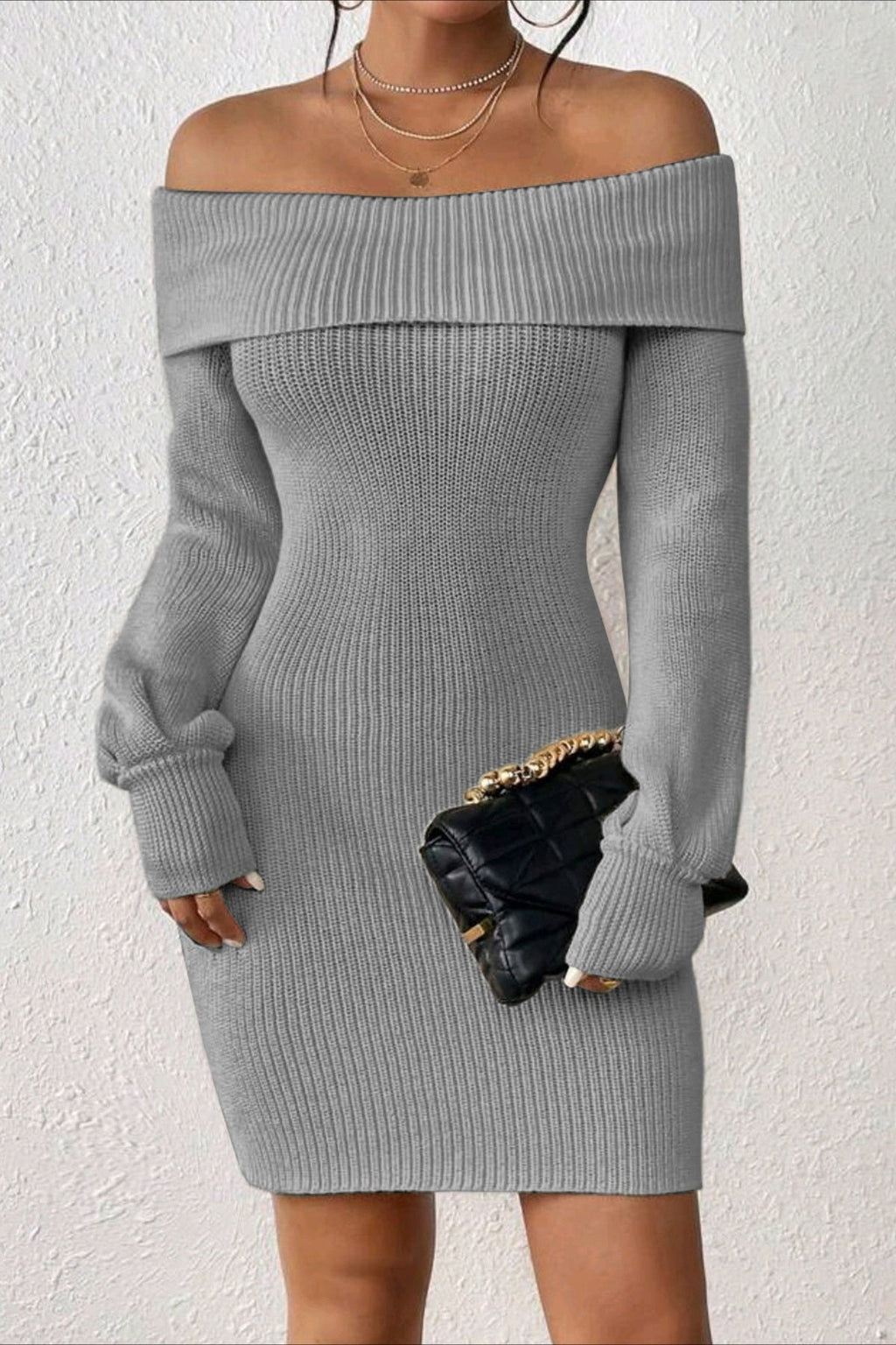 Long Sleeve Off Shoulder Slim Fit Knit Sweater Dress