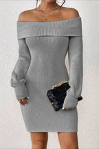 Long Sleeve Off Shoulder Slim Fit Knit Sweater Dress