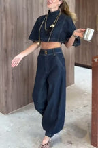Luna Denim High Rise Pocket Adjustable Buckle Ankle Strap Harem Pants