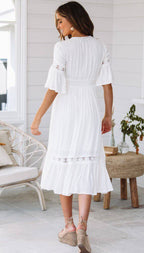 Jaylan Tiered Crochet Lace Midi Dress Off White FINAL