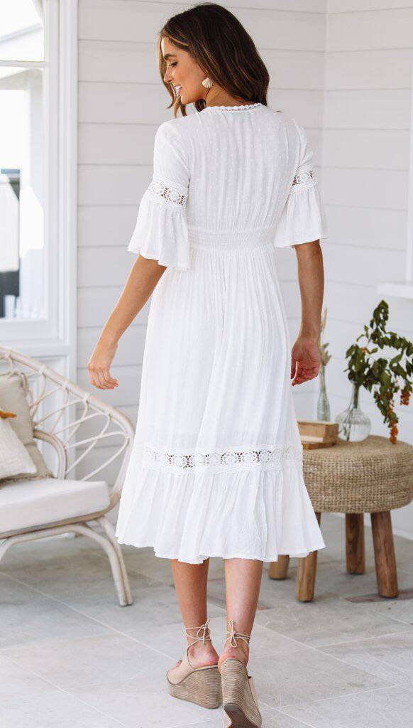 Jaylan Tiered Crochet Lace Midi Dress Off White FINAL