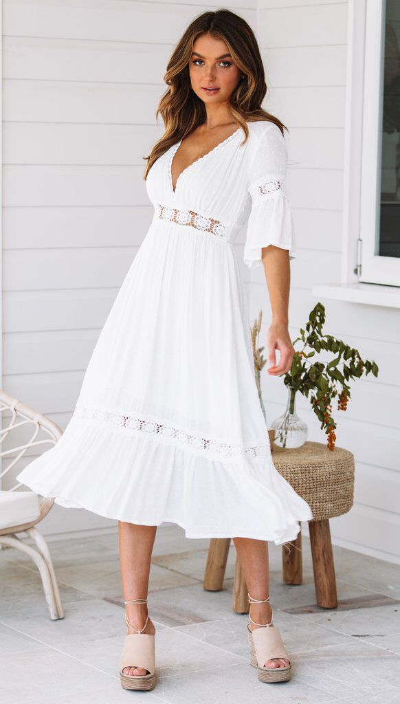 Jaylan Tiered Crochet Lace Midi Dress Off White FINAL