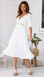 Jaylan Tiered Crochet Lace Midi Dress Off White FINAL