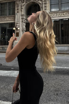 Black Faux-Pearl Trim Sweetheart Neck Knit Bodycon Midi Dress
