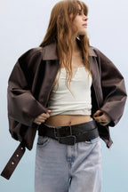 Retro Casual Faux Leather Bomber Jacket