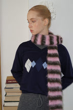 Contrast Striped Narrow Soft Wool Blend Knitted Scarf