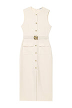 Danina Button Up Sleeveless Metal Belted Pocket Stretch Midi Dress