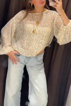 Shimmering Sequin Openwork Lantern Sleeve Blouse