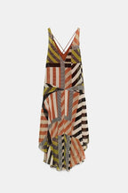 Khloe Patchwork Striped Color Block Print Wide Straps Asymmetric Hem Drape Midi Dress