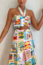 Celebrate The Sunshine Funny Printed Petal Trim Halter Top and Pocketed Maxi Skirt Set
