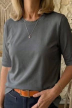 Basic Crew Neck Elbow-Length Sleeve T-Shirt