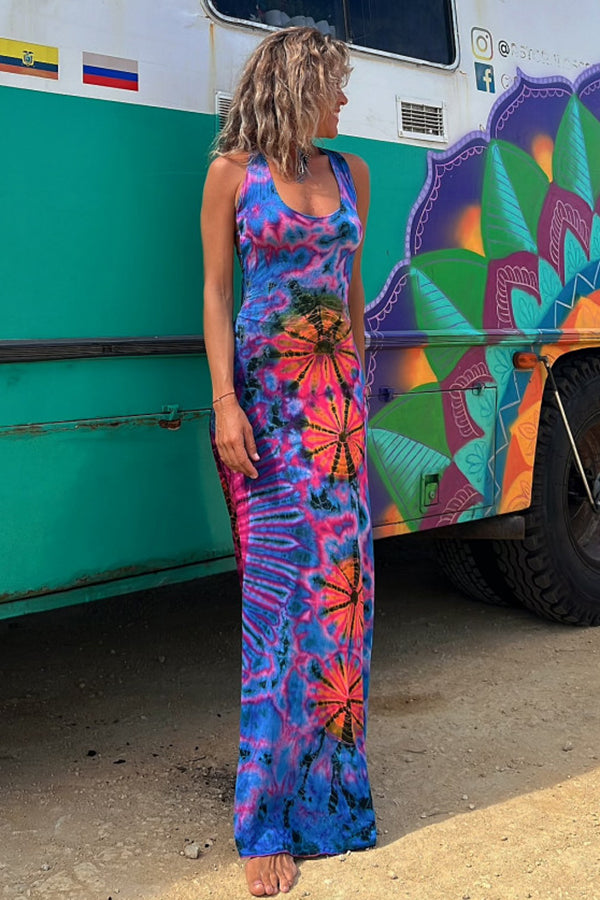 La Bamba Tie-dye Print Back Lace-up Stretch Maxi Dressï¼_ith built-in braï¼