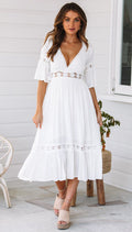 Jaylan Tiered Crochet Lace Midi Dress Off White FINAL