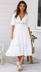 Jaylan Tiered Crochet Lace Midi Dress Off White FINAL