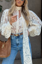 Solid Color Sheer Lace Elegant Ribbon Long-sleeved Shirt