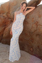 Tie-Back Rose Appliqué Mesh Bustier Maxi Dress