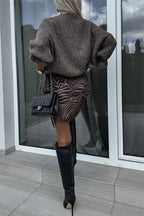 Solid Color Round Neck Ruffled Long Sleeve Knitted Sweater