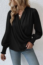 Satin Solid Color V-neck Lantern Sleeve Elegant Loose Shirt