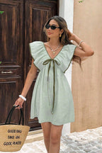 Striped V Neck Ruffle Flutter Sleeve Mini Dress