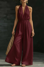 Solid Color V-neck Sleeveless Backless Casual Pocket Loose Wide-leg Jumpsuit