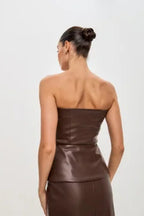 PU Leather Single Breasted Strapless Bustier Tank Top
