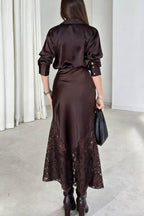 Solid Color Silk Satin and Lace Spliced elegant Maxi Skirt