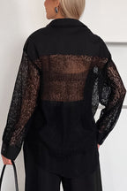 Fashionable Openwork Lace Patchwork Long-sleeved Loose Shirt