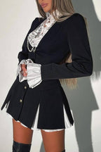 Altair Contrast Ruffled Shirt Patchwork Button Pleated Blazer Mini Dress