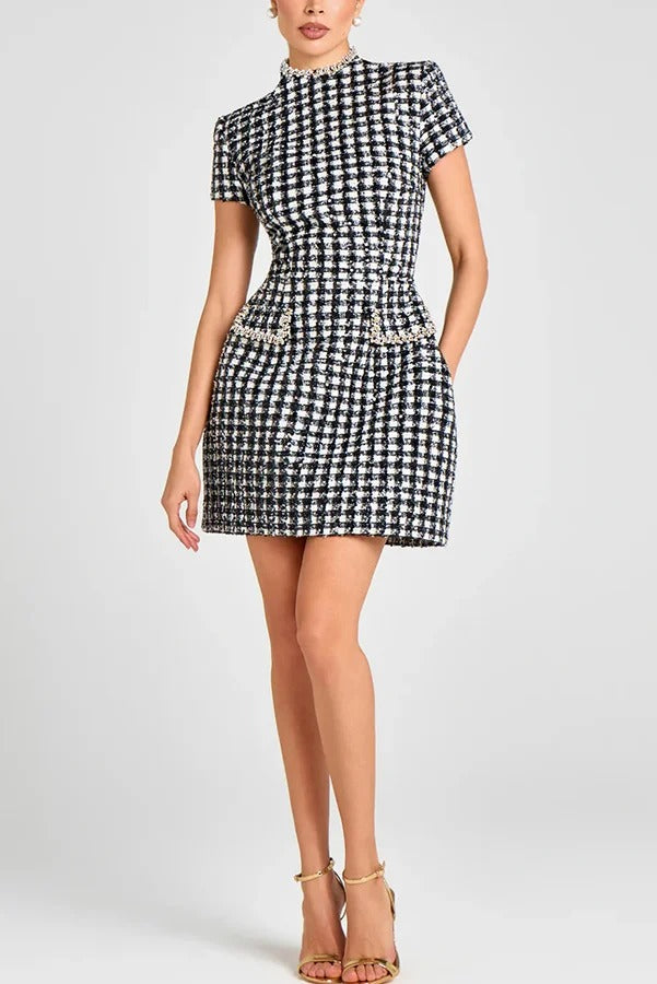 Eve Check Bouclé-tweed Fabric Pearl Trim Short Sleeve Pocketed Mini Dress
