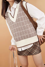 Khaki Plaid V-Neck Sleeveless Striped Sweater Vest