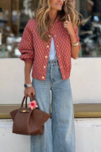 Red and brown paisley print cropped jacket with gold buttons
