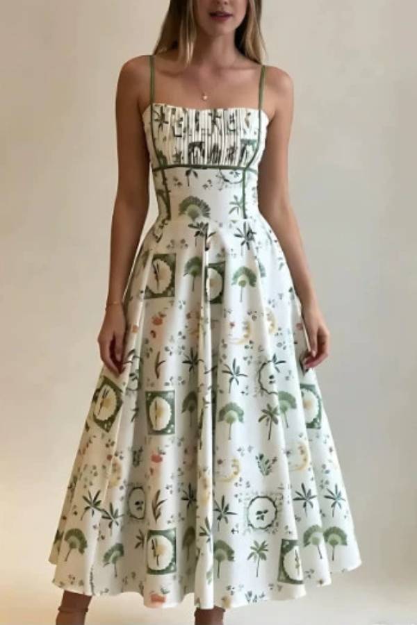 Tropical Plant Print Pleated Strap Waisted A-Line Midi Dress