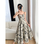 Floral Print Tie Strap Ruffle Detail Ivory Midi Dress