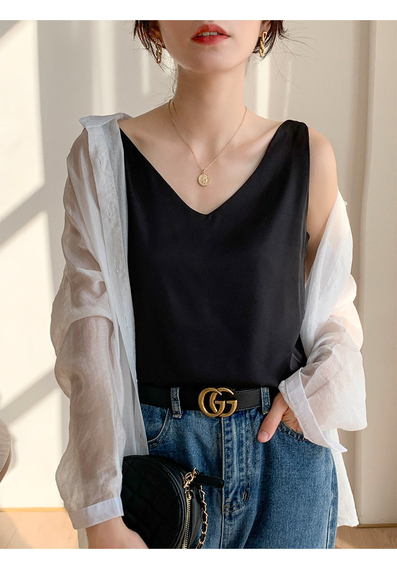 Black V-Neck Vest Bottomed Top Pure Cotton