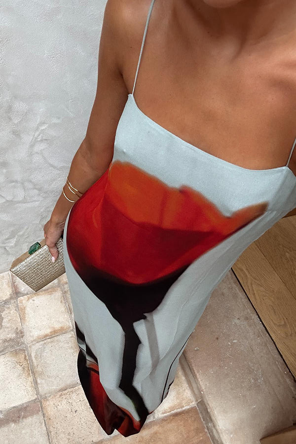 Passionate wine glass flower abstract tulip print H-shaped casual long dress