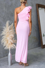 Fashionable Mesh Sleeveless One-shoulder Waist-revealing Maxi Dress