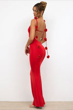 Backless Spaghetti Strap 3D Floral Long Party Dress